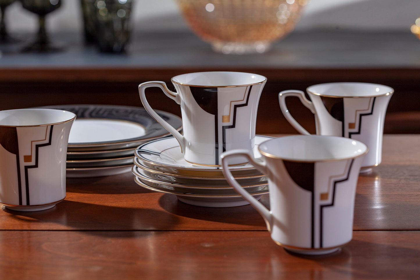 Vintage Mid Century Modern Noritake China Portfolio Set of 4 Flat Teacup and Saucer and 4 Salad/Luncheon Plates