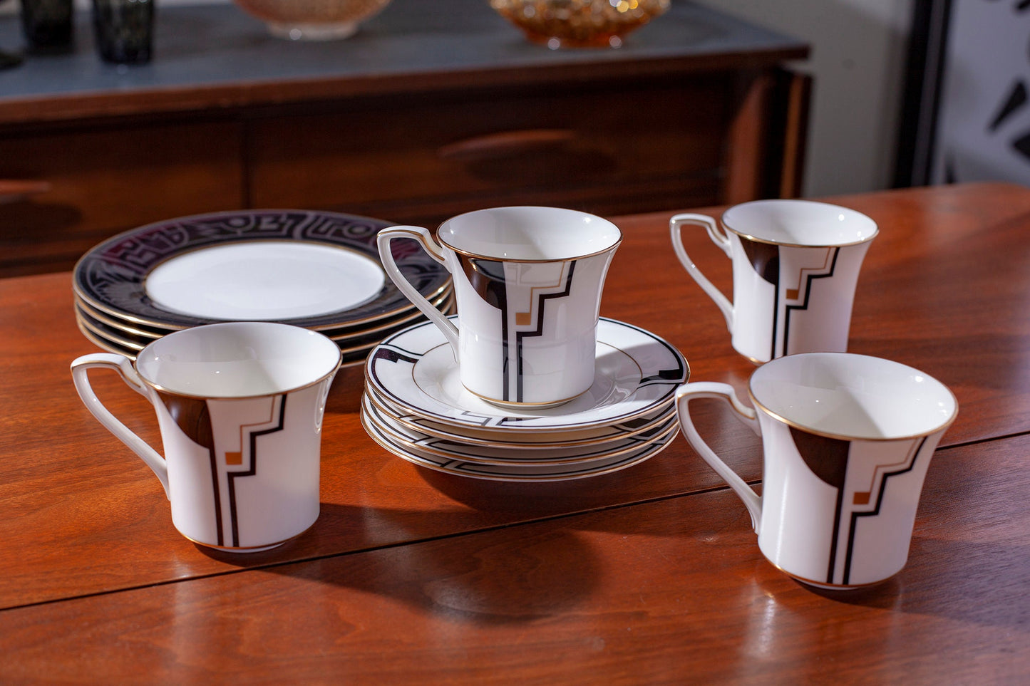 Vintage Mid Century Modern Noritake China Portfolio Set of 4 Flat Teacup and Saucer and 4 Salad/Luncheon Plates