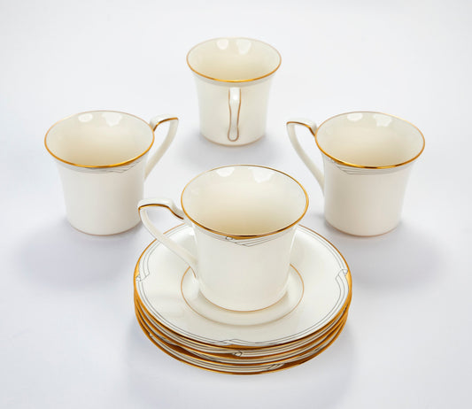 Vintage Mid Century Modern Noritake China Golden Cove Flat Teacup and Saucer (Set of 4)