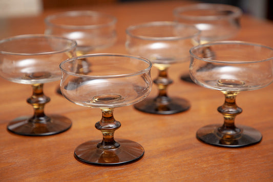 Vintage Mid Century Modern Libbey Tulip Brown Glassware - Wine Glasses, Champagne Glasses, and Water Goblets (Sets of 4)