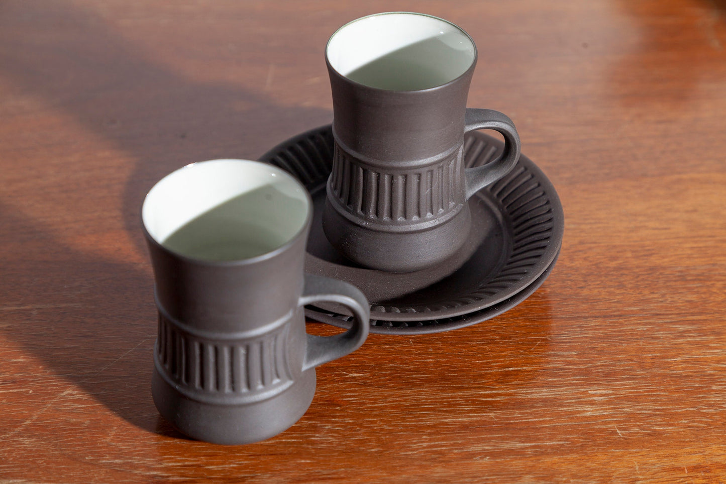 Vintage Mid Century Modern Dansk Flamestone Fluted Brown Flat Demitasse Cup and Saucer (Set of 2)