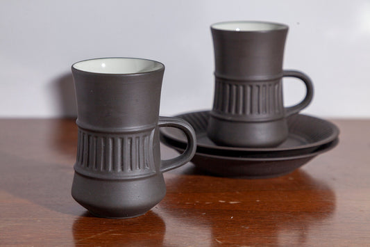 Vintage Mid Century Modern Dansk Flamestone Fluted Brown Flat Demitasse Cup and Saucer (Set of 2)