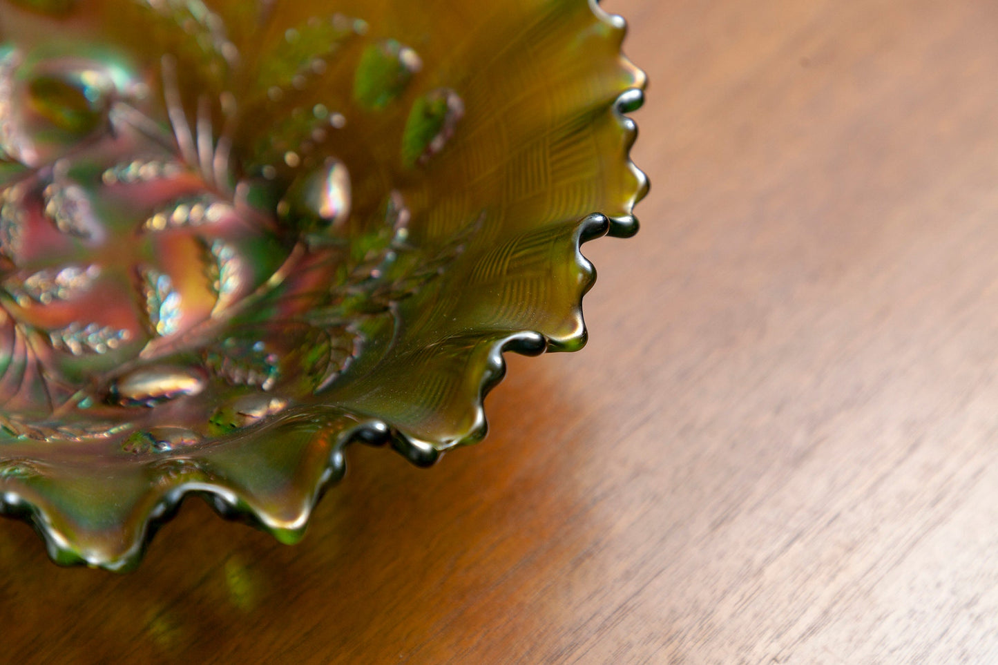 Antique Northwood Green Strawberry Carnival Glass Bowl with Pie Crust Edge