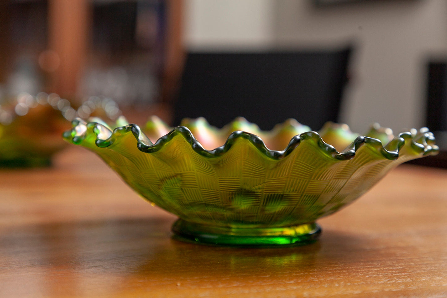 Antique Northwood Green Strawberry Carnival Glass Bowl with Pie Crust Edge