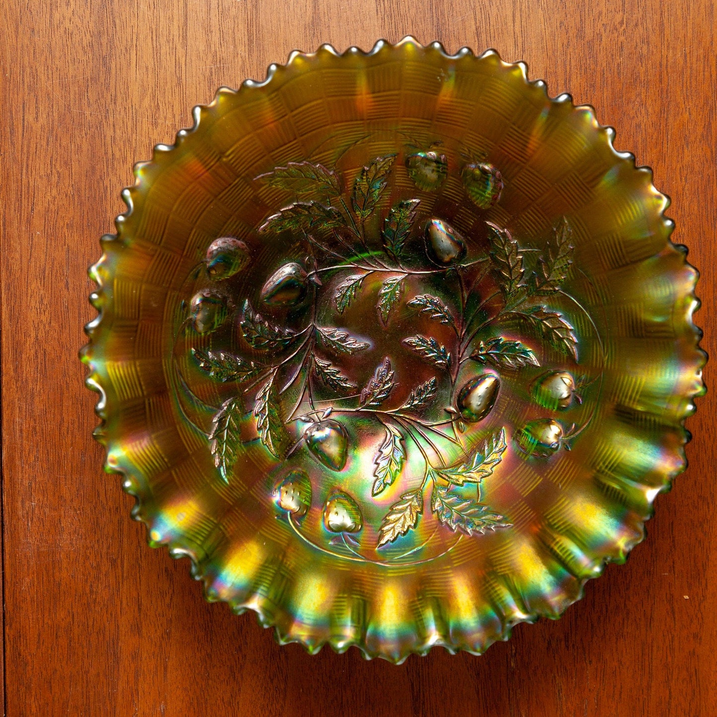 Antique Northwood Green Strawberry Carnival Glass Bowl with Pie Crust Edge