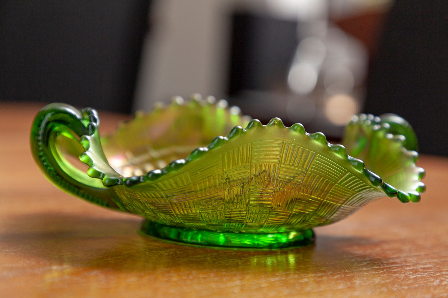 Antique Rare Northwood Green Grape & Cable Iridescent Carnival Glass Bon Bon Bowl