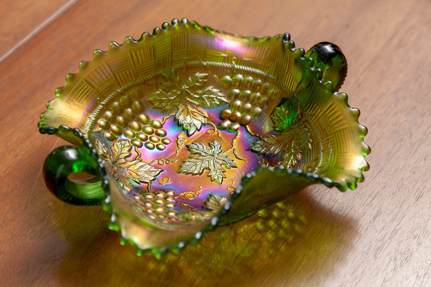 Antique Rare Northwood Green Grape & Cable Iridescent Carnival Glass Bon Bon Bowl