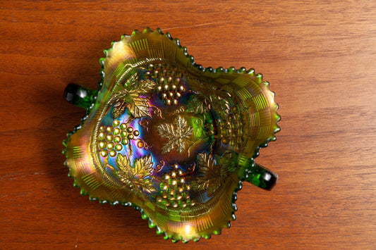 Antique Rare Northwood Green Grape & Cable Iridescent Carnival Glass Bon Bon Bowl